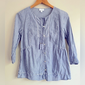 J Jill Women’s Pinstripe Long Sleeve Blouse Shirt Top XS Blue‎ White Tassels